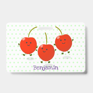 Cute jumping red cherries cartoon illustration badge