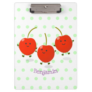 Cute jumping red cherries cartoon illustration clipboard