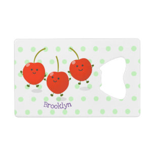 Cute jumping red cherries cartoon illustration credit card bottle opener