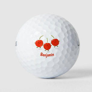 Cute jumping red cherries cartoon illustration golf balls