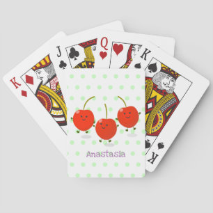 Cute jumping red cherries cartoon illustration playing cards