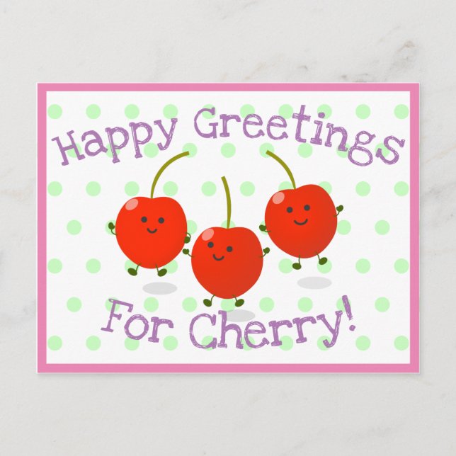 Cute jumping red cherries cartoon illustration postcard (Front)