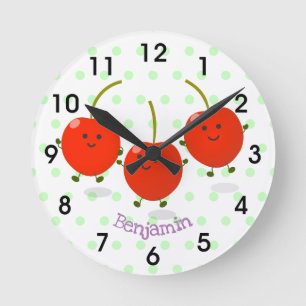 Cute jumping red cherries cartoon illustration round clock