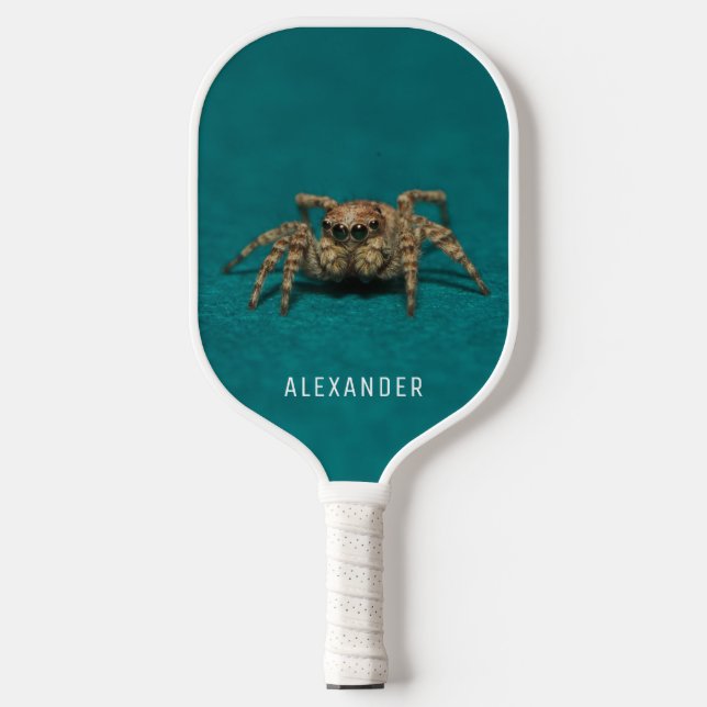 Cute Jumping Spider Custom Name Teal Personalized Pickleball Paddle (Front)