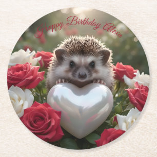 Cute June Hedgehog with Pearl Heart Round Paper Coaster