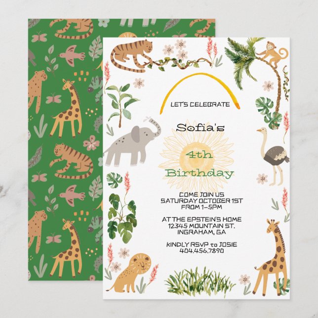 Cute Jungle Animal Birthday Invitation (Front/Back)