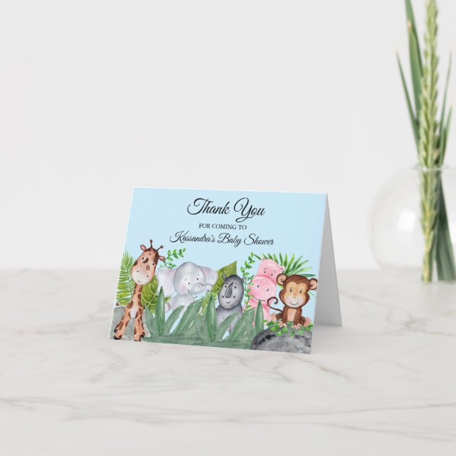 Cute Jungle Animal Blue Baby Shower Thank You Card (Front)