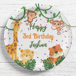 Cute jungle animal party happy birthday paper plate<br><div class="desc">Cute jungle animal party happy birthday personalized name party plates. Nice for toddler party with monkeys,  giraffe,  tiger and leopard.</div>