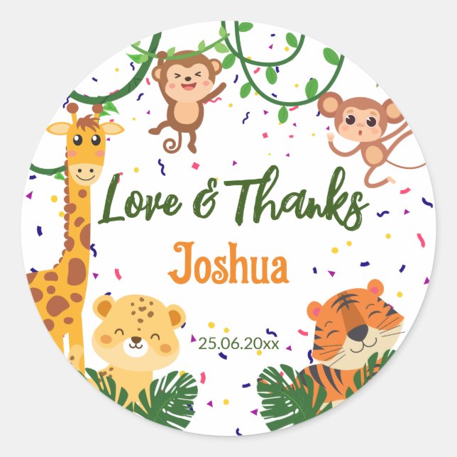 Cute jungle animal party thank you classic round sticker (Front)