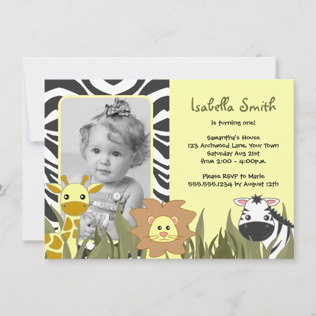 Cute Jungle Animal Photo Birthday Invitation (Front)