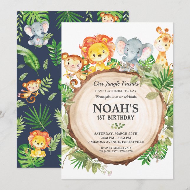 Cute Jungle Animals 1st Birthday Greenery Safari Invitation (Front/Back)