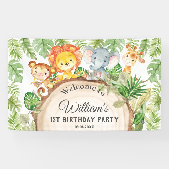 Cute Jungle Animals 1st Birthday Welcome Backdrop Banner (Horizontal)
