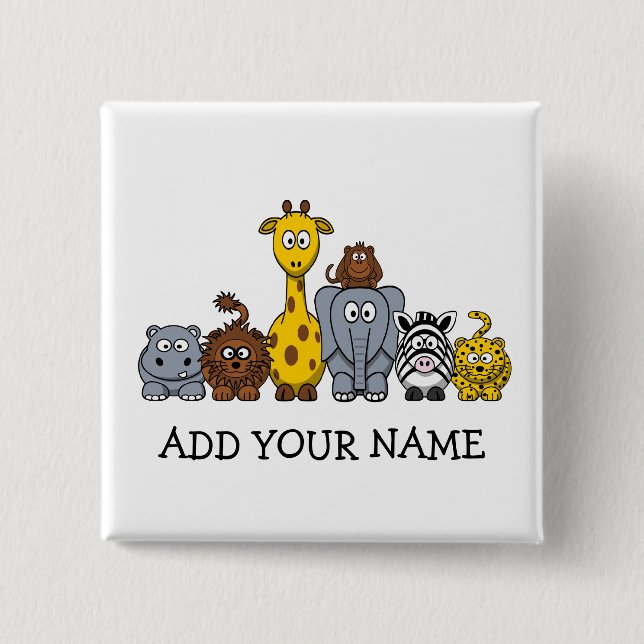 CUTE JUNGLE ANIMALS ADD YOUR TEXT 2 INCH SQUARE BUTTON (Front)