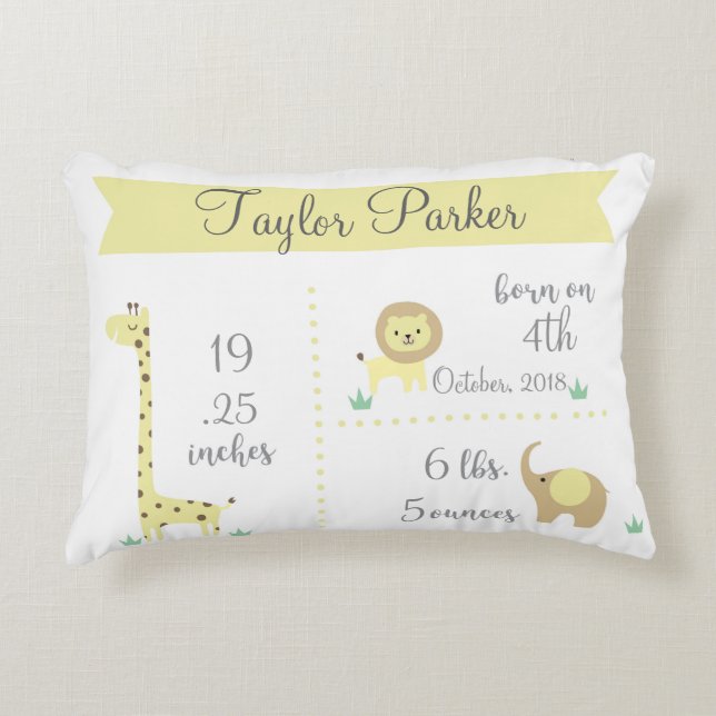 Cute Jungle Animals Baby Announcement Pillow (Front)