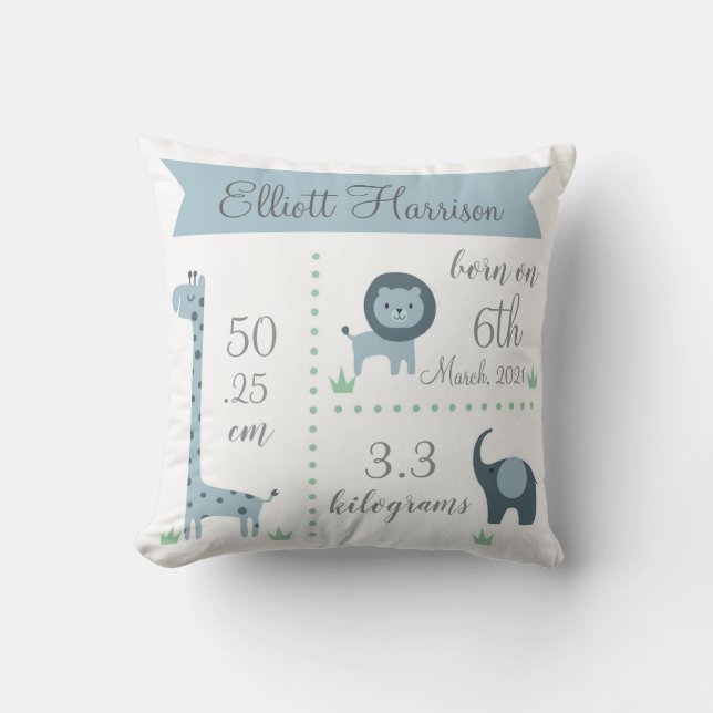 Cute Jungle Animals Baby Boy Announcement Pillow (Front)