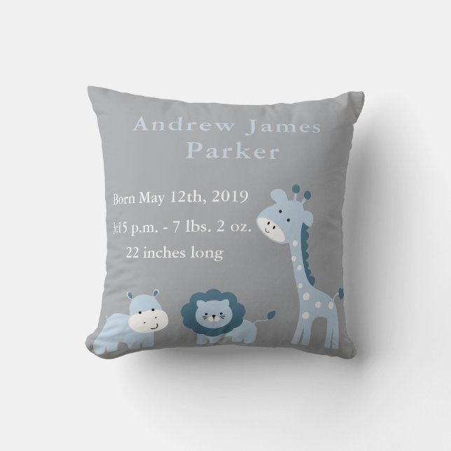 Cute Jungle Animals Baby Boy Announcement Pillow (Front)