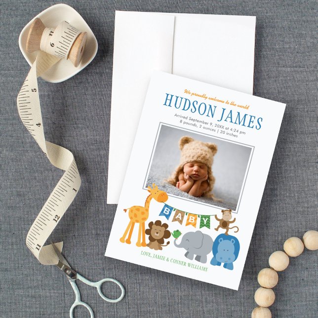 Cute Jungle Animals Baby Boy Blue Photo Birth Announcement (Creator Uploaded)