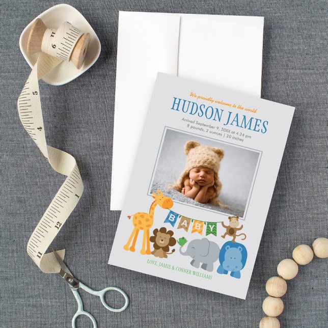 Cute Jungle Animals Baby Boy Blue Photo Birth Announcement (Creator Uploaded)