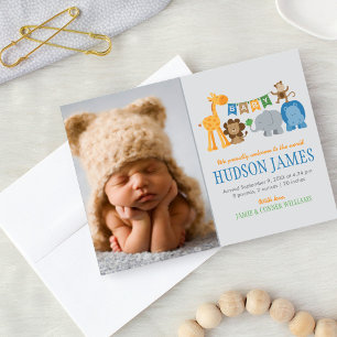 Cute Jungle Animals Baby Boy Grey Landscape Birth Announcement