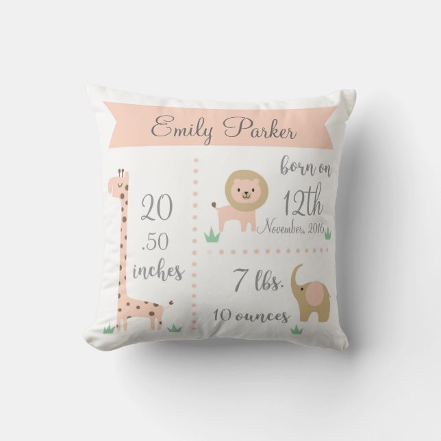 Cute Jungle Animals Baby Girl Announcement Pillow (Front)
