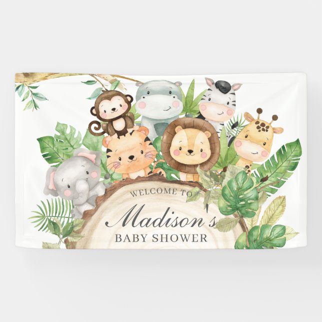 Cute Jungle Animals Baby Shower Birthday Backdrop Banner (Horizontal)