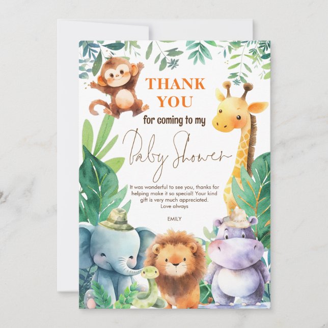 Cute Jungle Animals Baby Shower Thank You Card (Front)