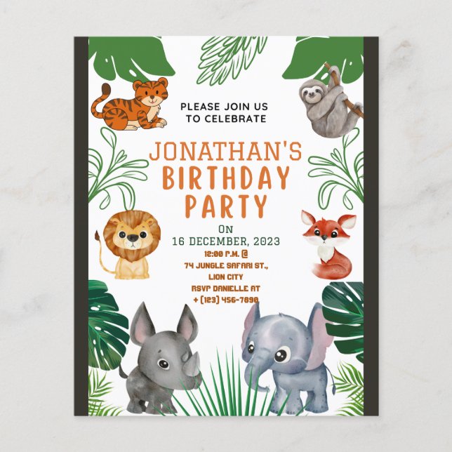 Cute Jungle Animals Birthday Party Invitation Flyer (Front)