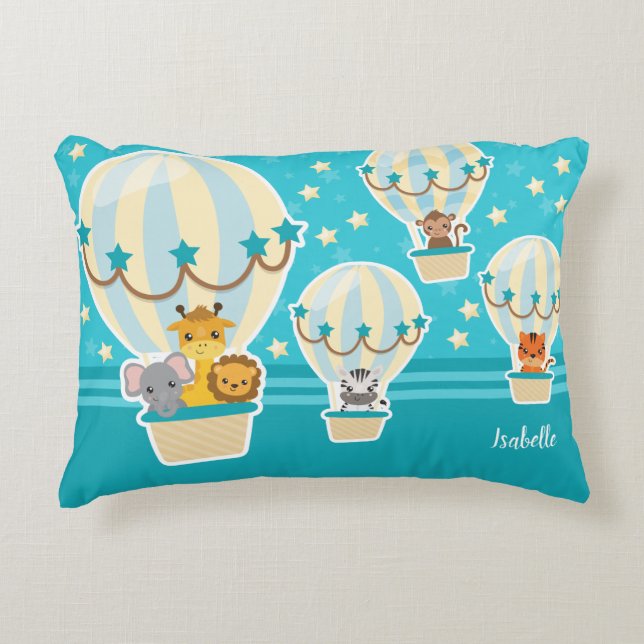 Cute Jungle Animals Flying in Hot Air Balloons Accent Pillow (Front)