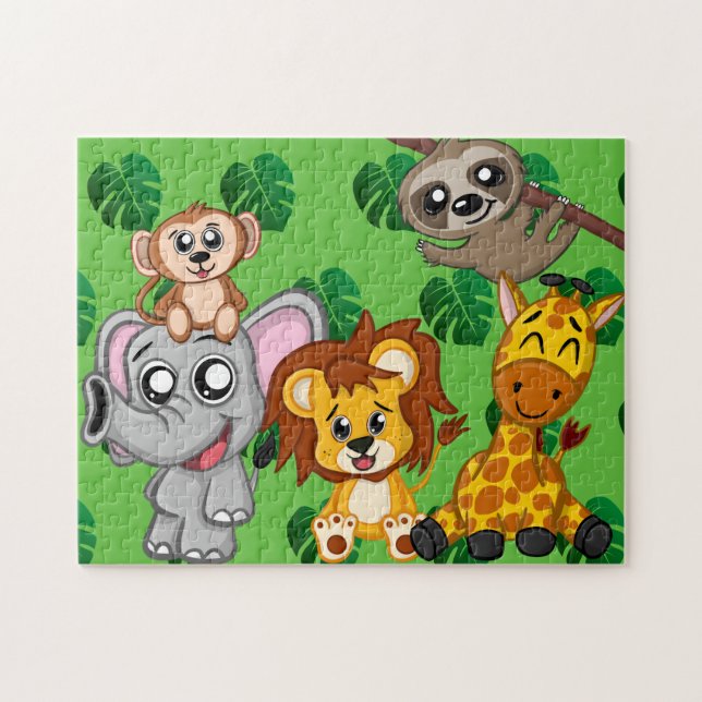 Cute Jungle Animals Green Cartoon Rainforest Jigsaw Puzzle (Horizontal)