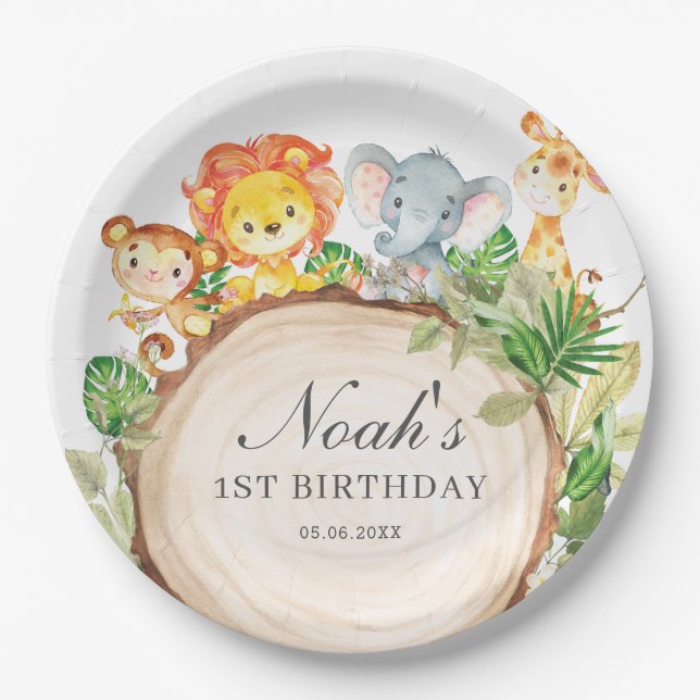 Cute Jungle Animals Greenery Baby Shower Birthday  Paper Plate (Front)
