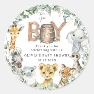 Cute Jungle Animals Greenery Boy Baby Shower  Classic Round Sticker