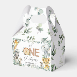 Cute Jungle Animals Greenery Boy Girl 1st Birthday Favor Box