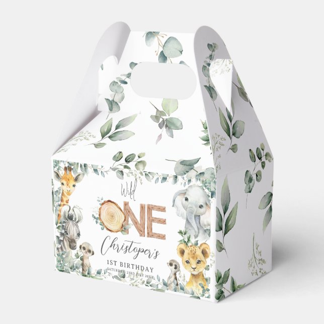 Cute Jungle Animals Greenery Boy Girl 1st Birthday Favor Box (Front Side)