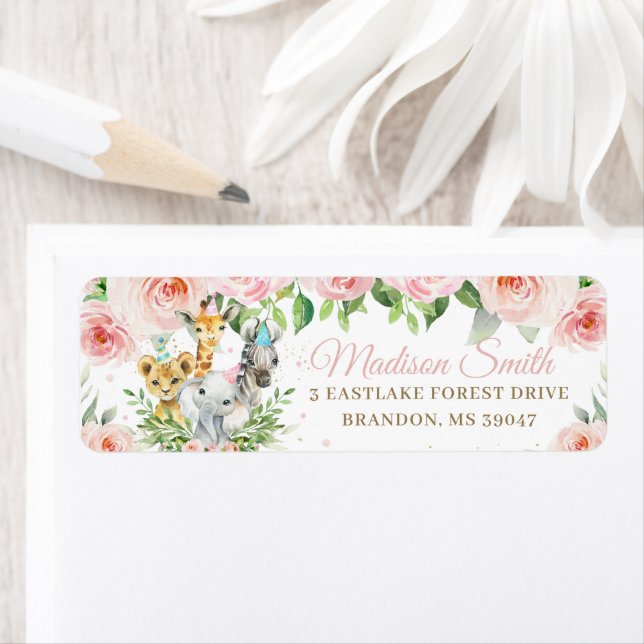 Cute Jungle Animals Pink Floral Return Address (Insitu)