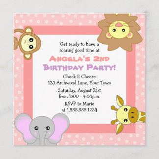 Cute Jungle Animals Pink Kids Birthday Invitations