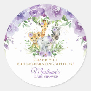 Cute Jungle Animals Purple Floral Thank You Favour Classic Round Sticker