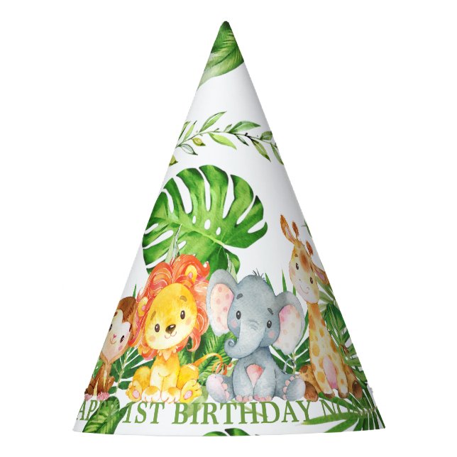 Cute Jungle Animals Safari 1st Birthday Greenery Party Hat (Front)