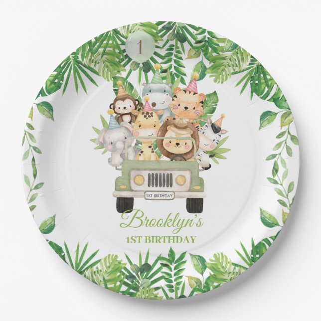 Cute Jungle Animals Safari Adventure Car Birthday  Paper Plate (Front)