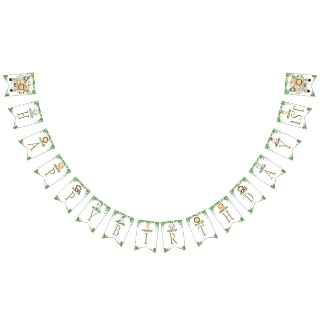 Cute Jungle Animals Safari Car Greenery Birthday Bunting Flags (All)