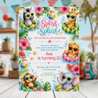 Cute Jungle Animals Splish Splash Pool Party Birth Invitation