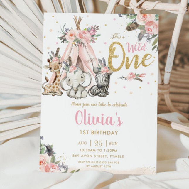 Cute Jungle Animals Tribal Wild One 1st Birthday Invitation (boho tribal pink teepee flowers cute jungle animals wild one 1st birthday invitation cards download)