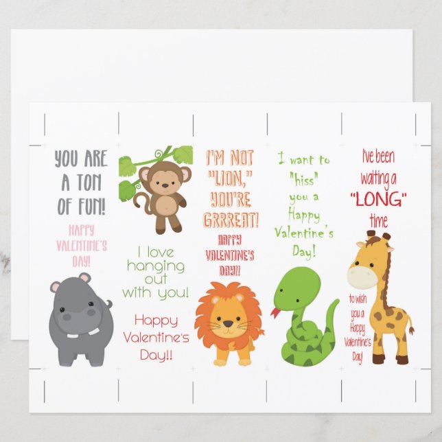 Cute Jungle Animals Valentine's Bookmarks (Front/Back)
