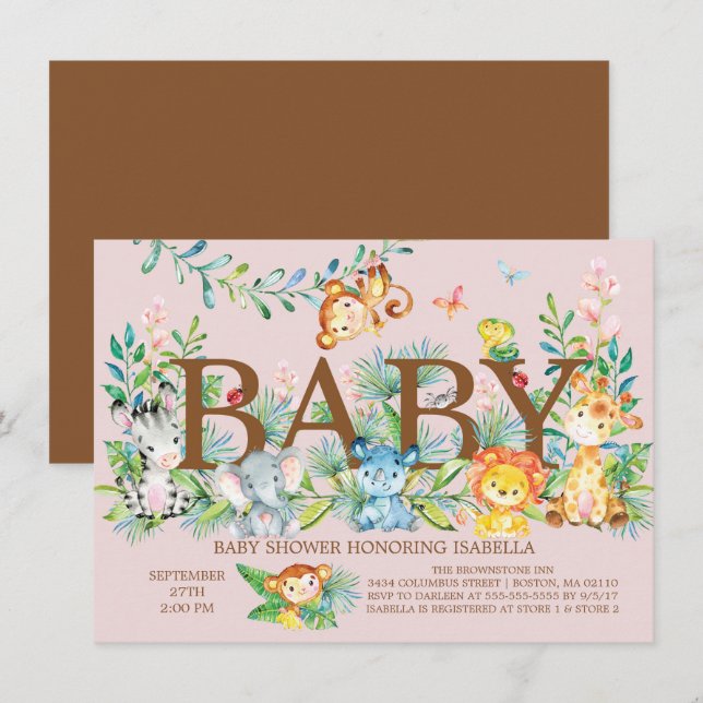 Cute Jungle Animaux Filles Baby shower Invitation (Devant / Derrière)