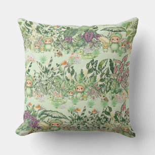 Cute Jungle Bear and Tropical Seamless Pattern Throw Pillow