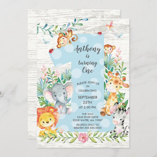 Cute Jungle Big One Boys Birthday Invitation (Front/Back)