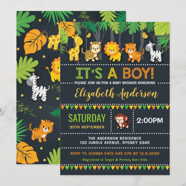 Cute Jungle Boy Baby Shower Safari Animals Party Invitation (Front/Back)