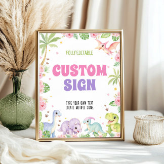 Cute Jungle Dinosaur Girl Birthday Table Sign