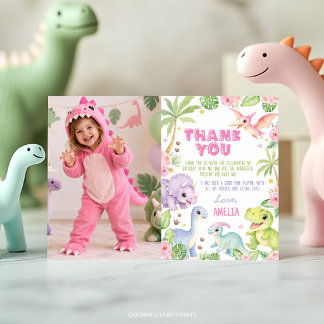 Cute Jungle Dinosaur Pink Girl Birthday Photo Thank You Card