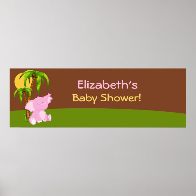 Cute Jungle Elephant Girl Baby Shower Banner Poster (Front)