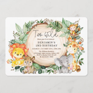 Cute Jungle Greenery Wild Animals 2nd Birthday Invitation
